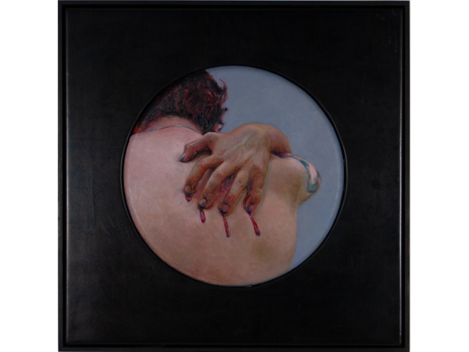 Thumb of kink themed artwork painted with oils on a circular panel entitled Threshold II by Australian artist Tom Ferson.